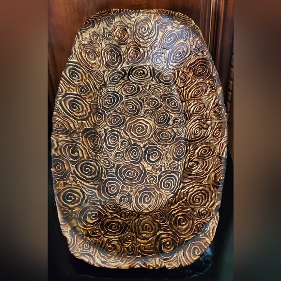 17 1/2" x 10" Glass Copper Bronze Brown Art Glass Decor Bowl with Silver Bottom - Picture 7 of 16